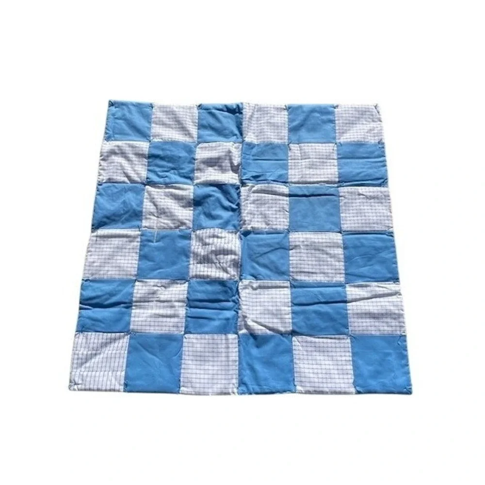 Handmade Blue White Checkerboard Patchwork Quilt Hand Tied Rustic Lap Blanket